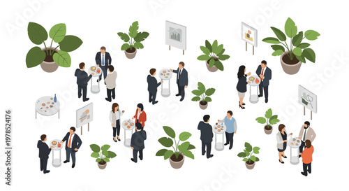 An isometric collection of business people networking at high cocktail tables with potted plants and charts in the background on a clean white surface.