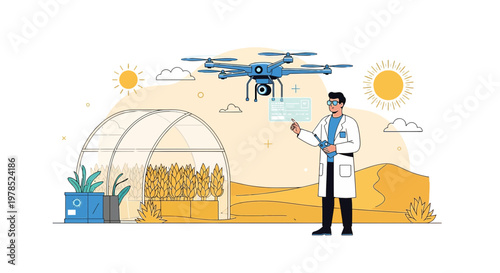 Precision agriculture: Scientist operating drone for monitoring crops in greenhouse environment