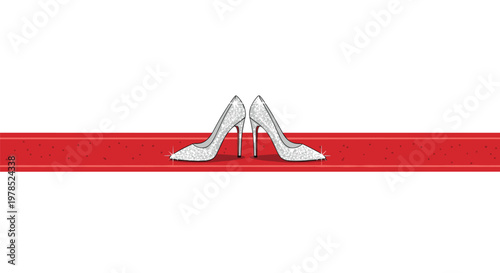 Two silver high-heeled shoes facing each other on a long red carpet strip emphasizing symmetry and minimalist event presentation for luxury fashion.