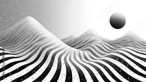 Abstract monochrome landscape with striped hills, stars, and a sphere against a snowy sky