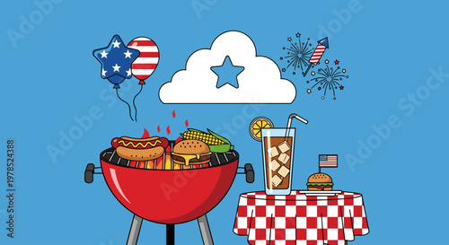 American BBQ grill with food.