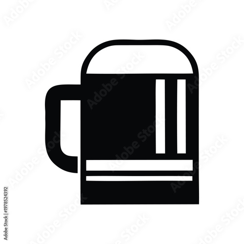 A simple black and white illustration of a beer mug with foamy head and stripes on the side