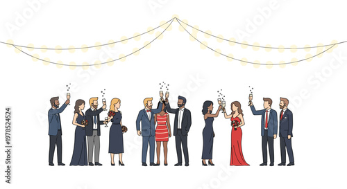 Elegant group of people in formal evening wear toasting with champagne glasses under warm glowing string lights during a festive celebration ceremony.