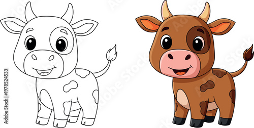 Cute cow cartoon character set with outline and colored version isolated on white background, farm animal vector illustration for kids design