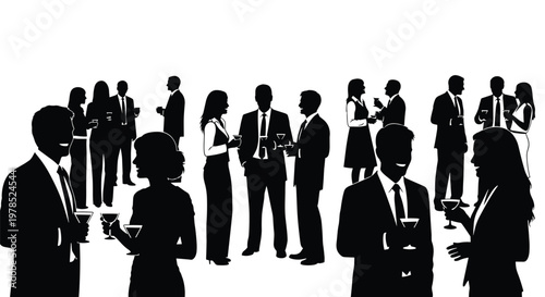 Professional business silhouettes standing in a bright white space while engaging in formal networking conversations with elegant drinks in their hands.