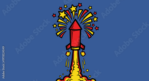 Colorful Cartoon Rocket Ship Launching High.