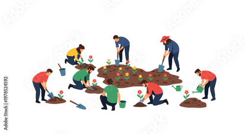 A group of diverse people are actively gardening digging and planting colorful flowers in a soil patch against a clean and bright white studio background.