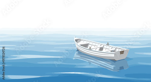 A white rowboat rests gently upon a calm light blue sea rendered in a soft painterly style with subtle reflections shimmering on the tranquil water surface.