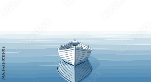 A front facing view of a white rowboat sits centered on a calm blue sea emphasizing the symmetrical hull and clear reflection against a bright background.