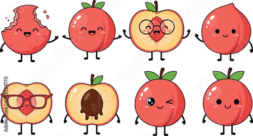 Cute cartoon peach characters set with funny faces and emotions vector illustration collection