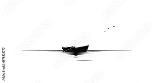 A minimalist black ink illustration depicts a small rowboat floating on a calm flat horizon line with three distant birds against a stark white background.