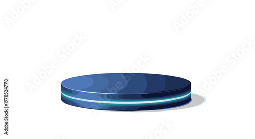 A sleek dark blue cylindrical display platform features a vibrant glowing neon cyan light strip encircling its center against a pristine white background.