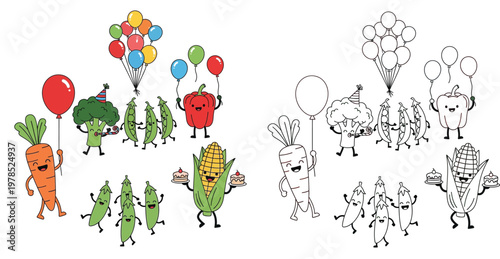 Cute Vegetable Characters Party Illustration and Coloring Page with Carrot Broccoli Peas Corn and Pepper