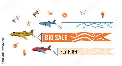 Dynamic trio of horizontal banners towed by colorful airplanes featuring marketing text and icons for sale events against a clean white background space.