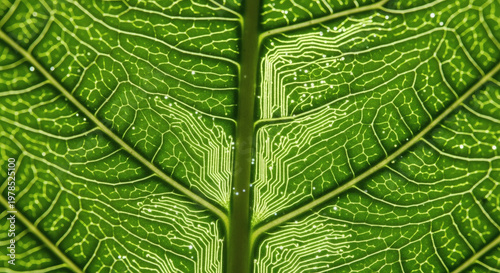 Abstract close-up of a vibrant green leaf showcasing intricate vein patterns resembling a circuit board, highlighting the intersection of nature and technology