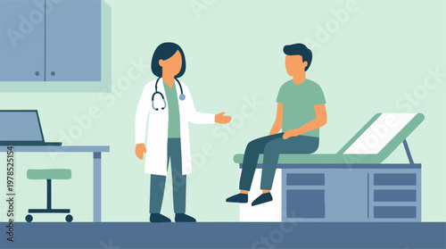 Doctor consulting with a male patient in a minimalist medical office