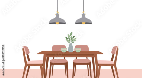 A minimalist illustration depicts a dining room setup with a wooden table and chairs