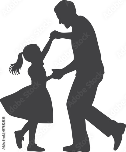 Father and daughter dancing silhouette on white background