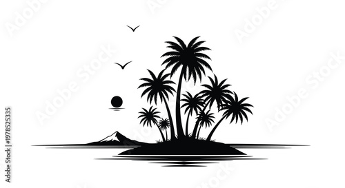 Tropical island silhouette with palm trees birds and a rising sun