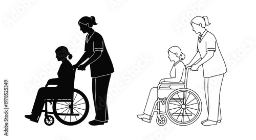 Healthcare worker assisting a patient in a wheelchair illustrated in black and white