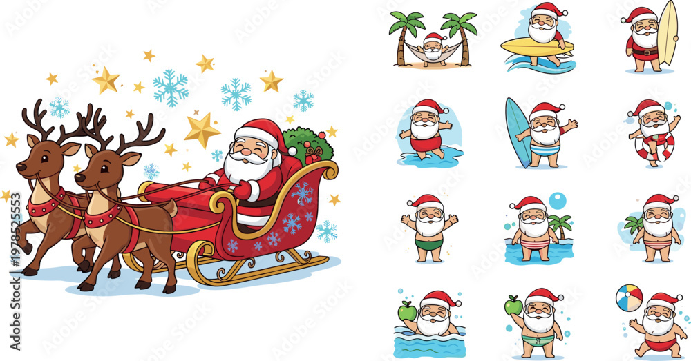 Naklejka premium Santa Claus Christmas vector set with reindeer sleigh, summer vacation poses, funny holiday character collection for seasonal design
