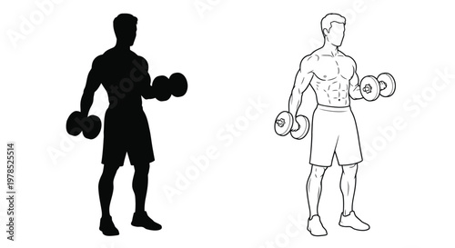 Muscular man performing a dumbbell bicep curl exercise illustration