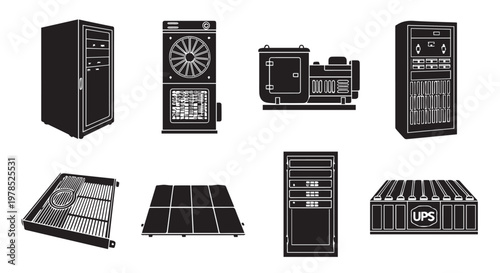 A collection of various computer server and data storage equipment illustrations in black and white
