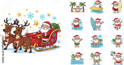 Santa Claus Christmas vector set with reindeer sleigh, summer vacation poses, funny holiday character collection for seasonal design