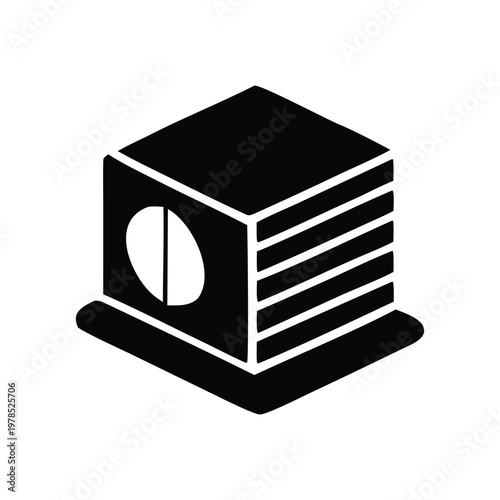 A simple black and white illustration of a server rack with stacked compartments and a circular vent