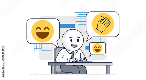 Office worker receiving positive feedback via emojis illustration with communication bubbles