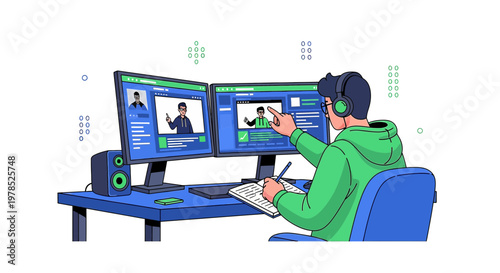 Online conference concept illustration showing distant training with two monitors setup