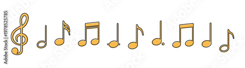 Music note icon set, musical symbols with treble clef and notation elements, sound and melody signs, audio design collection on transparent background