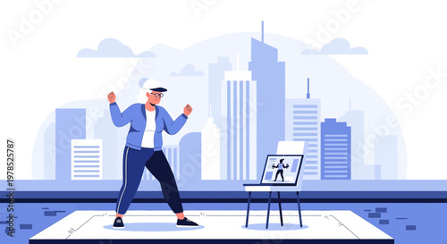 Online fitness class for senior citizens offers a virtual workout experience in a modern city