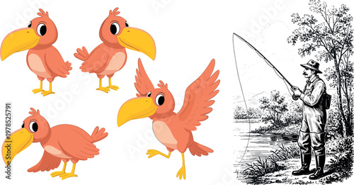 Cute cartoon toucan bird character poses set with vintage fisherman engraving illustration isolated vector collection for design use