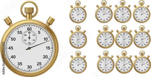 Vintage gold stopwatch vector set with detailed timer faces, classic chronometer collection, time measurement icons for sport and design use