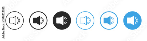 Sound icons collection, speaker audio symbols with mute and volume control, media interface elements for web and app design on transparent background