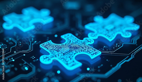 Several glowing blue 3D puzzle pieces with integrated circuit patterns, neatly arranged on a complex electronic circuit board with glowing blue paths.