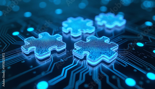Several glowing blue 3D puzzle pieces with integrated circuit patterns, neatly arranged on a complex electronic circuit board with glowing blue paths.
