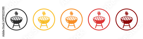 Barbecue icons collection, grill and bbq cooking symbols with utensils and food, outdoor kitchen elements for web and app design on transparent background