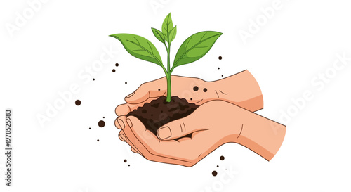 Illustrated in a clean, vector style, cupped hands gently cradle a young, vibrant plant with green leaves sprouting from soil, symbolizing environmental stewardship and the nurturing