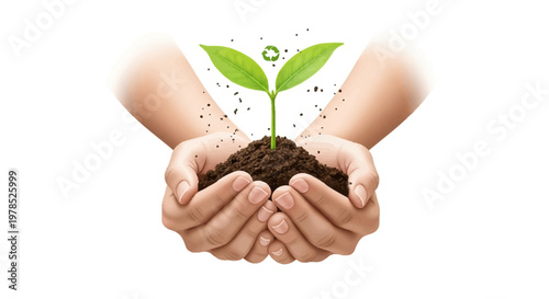 Conceptual vector illustration showing human hands gently holding a young green plant seedling growing from soil, set against a clean white background, symbolizing environmental awareness