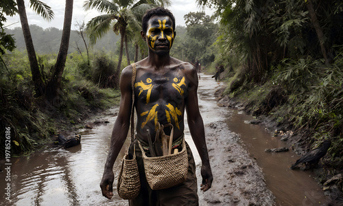Wallpaper Mural Man with painted face walking along dirt path in tropical forest - Concept of Honoring Asian and Pasifika Ancestry Month   Torontodigital.ca