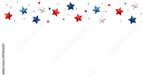 Red White Blue Star Border Background. Patriotic American Celebration Banner with 3D Stars, Independence Day Decoration Template for 4th of July, Memorial Day, National Holiday Vector Design