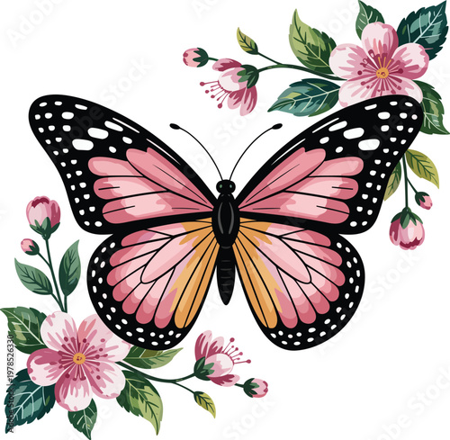 Pink Monarch Butterfly with Cherry Blossoms, Decorative Element, Stock Illustration