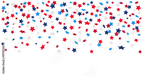 Falling blue red white star shaped confetti isolated on background. 4th July Independence day party decor, invitation, vector web banner in Usa, Czech Russia flag colors. Top view, flat lay copy space