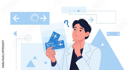 Pensive passenger contemplating travel plans with airplane tickets in hand design