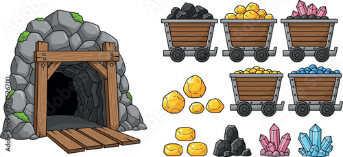 Mining cave entrance with carts of coal, gold and crystals isolated on white background, game asset vector illustration collection