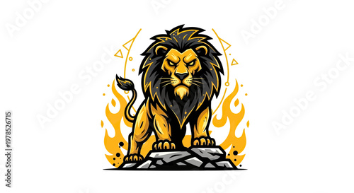 Powerful Lion Mascot Vector Illustration Standing on Rock with Fire Background for Esports Logo and Branding