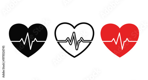 Three heart icons displaying heartbeat lines in varying colors