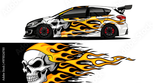 Sports Hatchback Car with Flaming Skull Vinyl Wrap Design Vector Illustration for Racing Decal and Automotive Customization